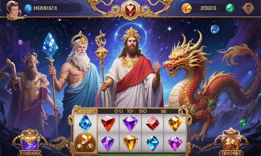幻想风格下的希腊众神与东方神兽并列,背景为星空和宝石,老虎机界面融合其中